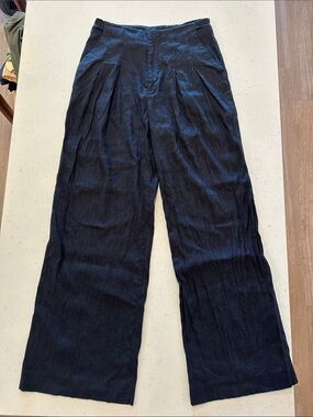 ANTONIO MELANI Linen Blend Black Pleated Trouser Pant Size 4 Wide Leg Trendy